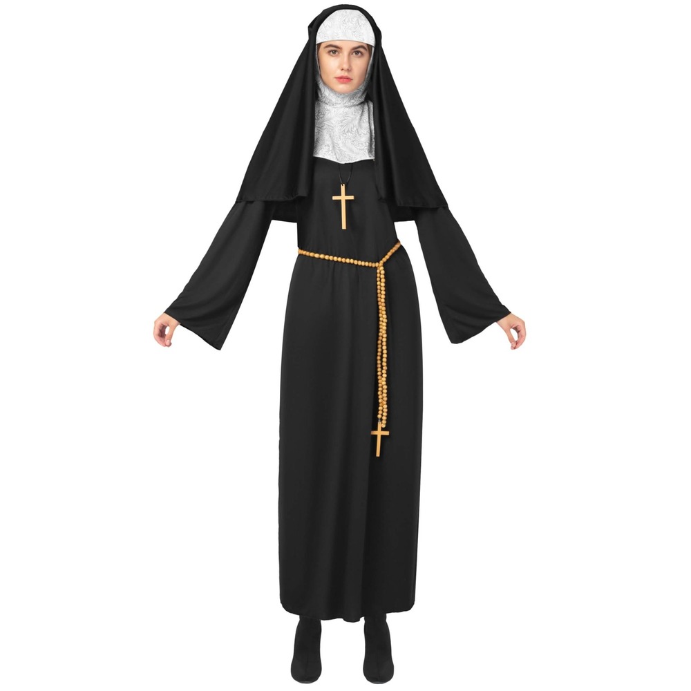 Womens Nun Sister Halloween Costume Sz M Habit Head Covering Hood‎ Necklace Belt